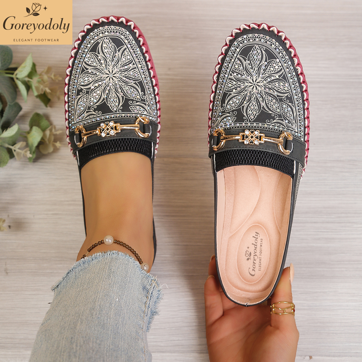 Embroidery Print - Goreyodoly women mule flats rhinestone cutout