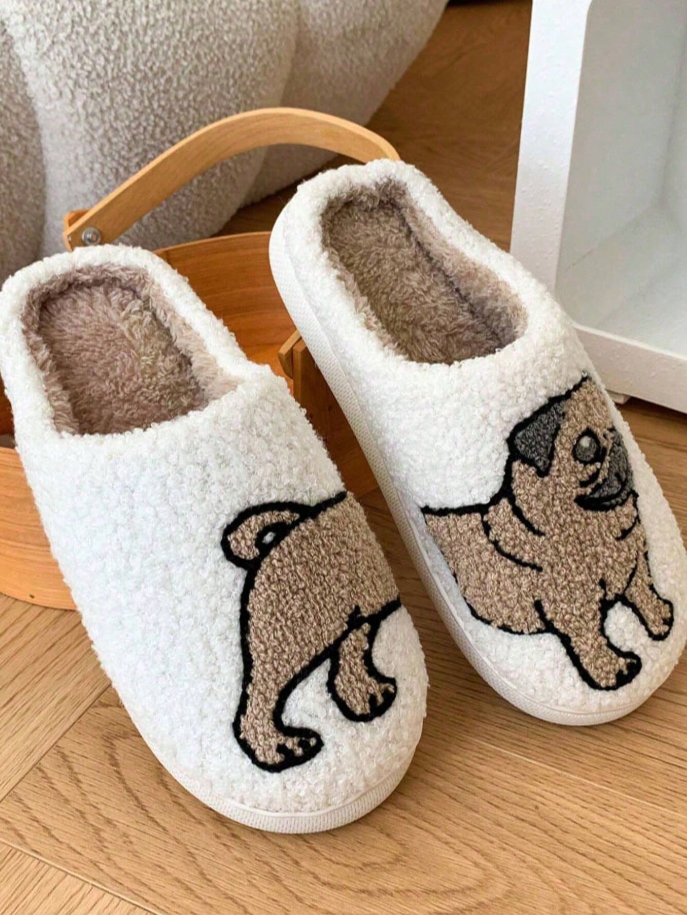 Embroidery Print - Couple Pug Embroidery Plush Slippers, Winter