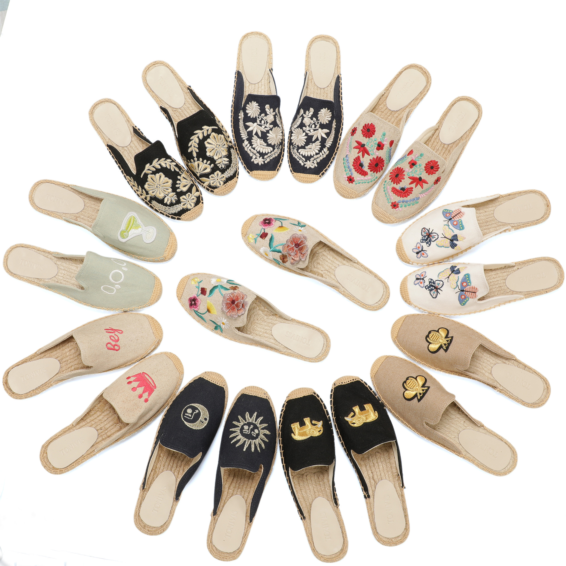 Embroidery Print - Women Floral Embroidered Espadrilles Slippers Linen
