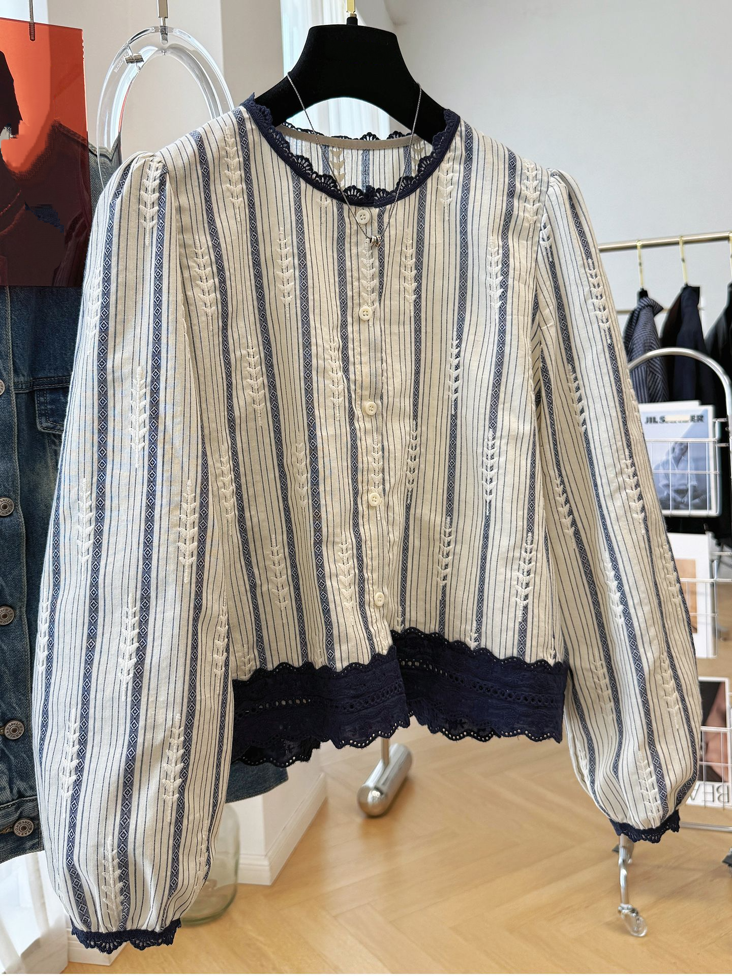 Embroidery Origin - Women's Striped Lace Trim Blouse, Elegant