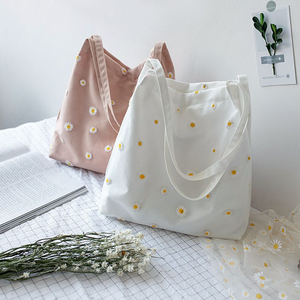 Women Canvas Bags Girls Shoppi – Embroidery Daisy Flower Bewertung und Preis