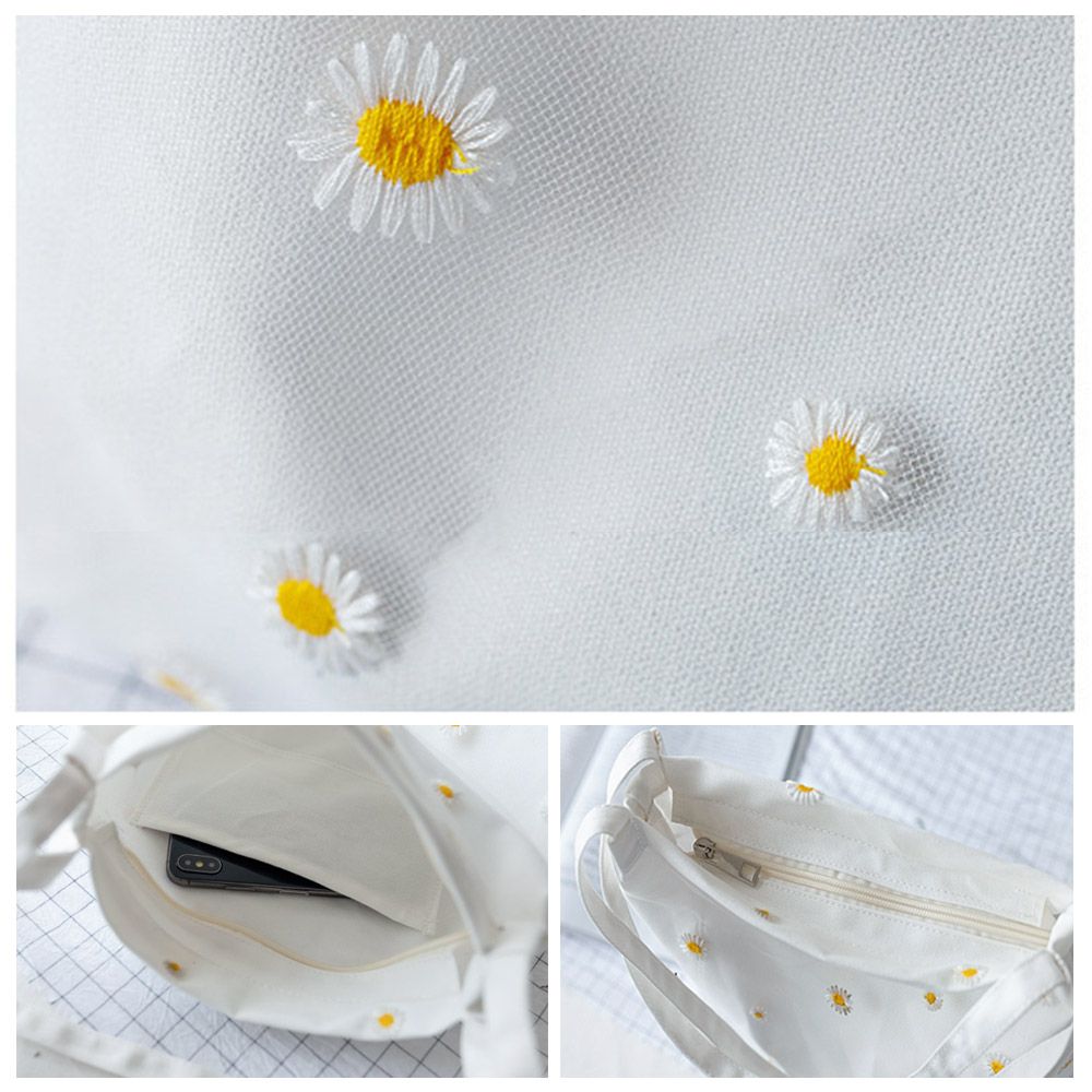 Women Canvas Bags Girls Shoppi – Embroidery Daisy Flower Bewertung und Preis